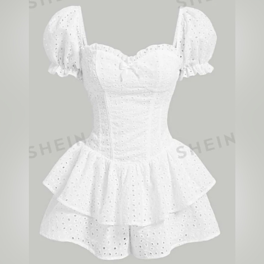 SHEIN MOD Eyelet Embroidery Sweetheart Neck Puff Sleeve Romper